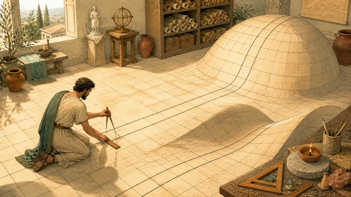 Eğrilerek küresel ve eyer biçimli yüzeylere dönüşen geometrik zeminde paralel doğrular çizen antik matematikçi
